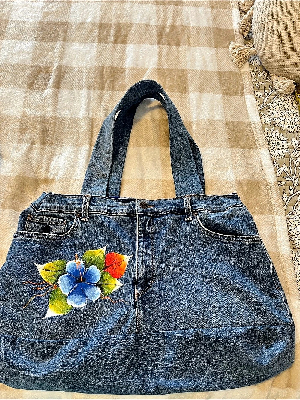 Embroidered Denim Tote in Blue & Multi